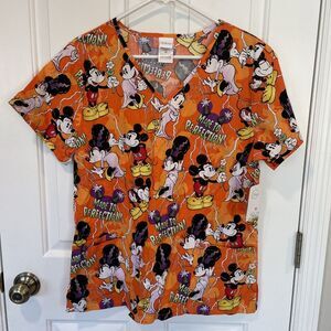 Disney Mickey Mouse Orange Halloween Scrub Top Medium  Minnie Front Pockets NWT